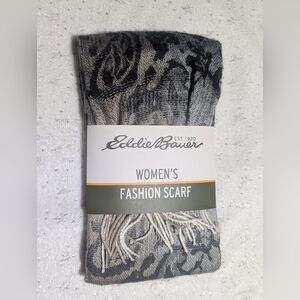 Eddie Bauer Gray Black Floral Fringe Scarf NWT